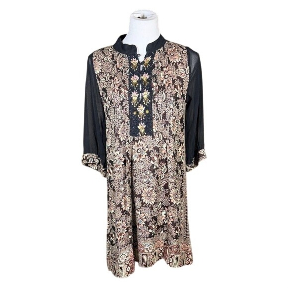 Biographie Tunic Dress Womens S Boho Floral Paisley Beaded Sheer Sleeve Black